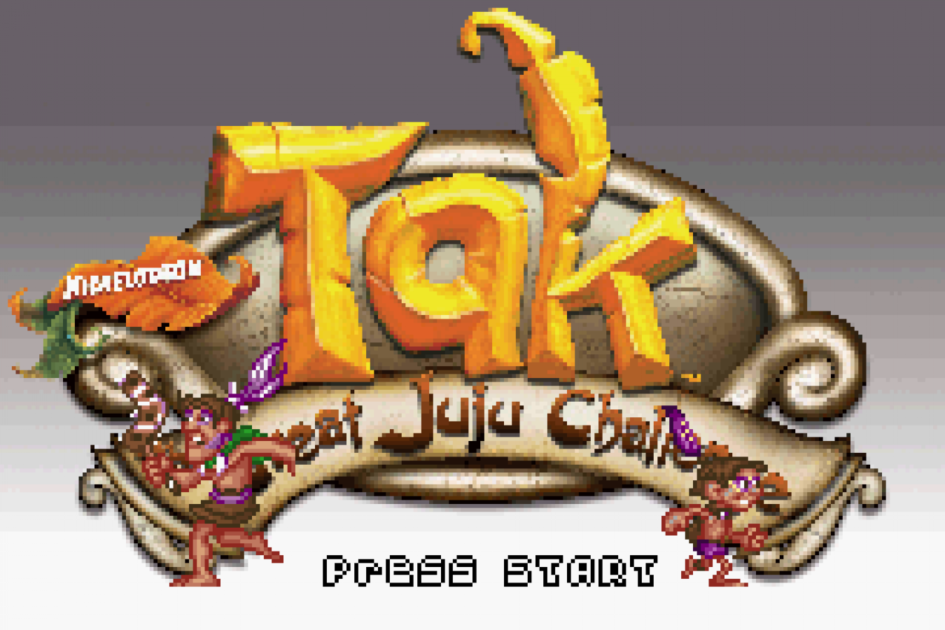 Tak The Great Juju Challenge Game Boy Advance title screen for retro video game featuring platform adventure gameplay magical tribal themed worlds puzzle solving challenges cartoon style visuals quest progression and portable handheld action adventure on the GBA system