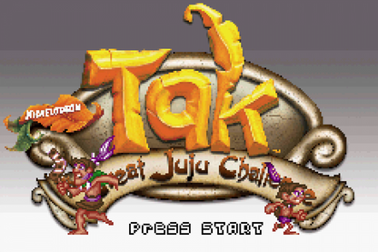 Tak The Great Juju Challenge Game Boy Advance title screen for retro video game featuring platform adventure gameplay magical tribal themed worlds puzzle solving challenges cartoon style visuals quest progression and portable handheld action adventure on the GBA system