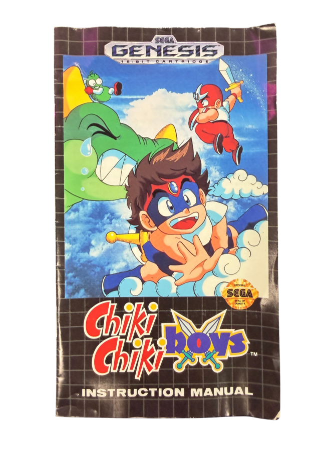 Chiki Chiki Boys Sega Genesis GEN for action platforming video game fans featuring colorful fantasy worlds side scrolling adventure sword combat magical abilities challenging enemies boss battles cooperative gameplay and classic arcade action collectible retro Genesis gaming appeal front of manual