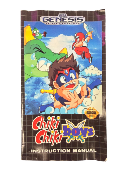 Chiki Chiki Boys Sega Genesis GEN for action platforming video game fans featuring colorful fantasy worlds side scrolling adventure sword combat magical abilities challenging enemies boss battles cooperative gameplay and classic arcade action collectible retro Genesis gaming appeal front of manual