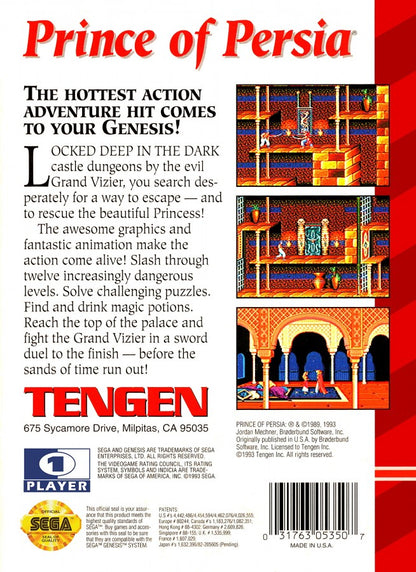 Prince of Persia back cover art for Sega Genesis (GEN) video game