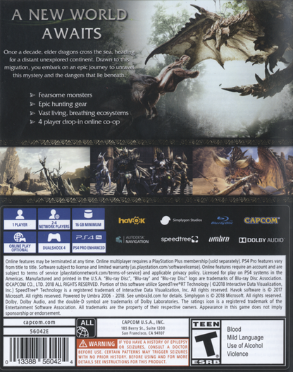 Monster Hunter World – PlayStation 4 (PS4) video game back of case, action role-playing hunting monsters game