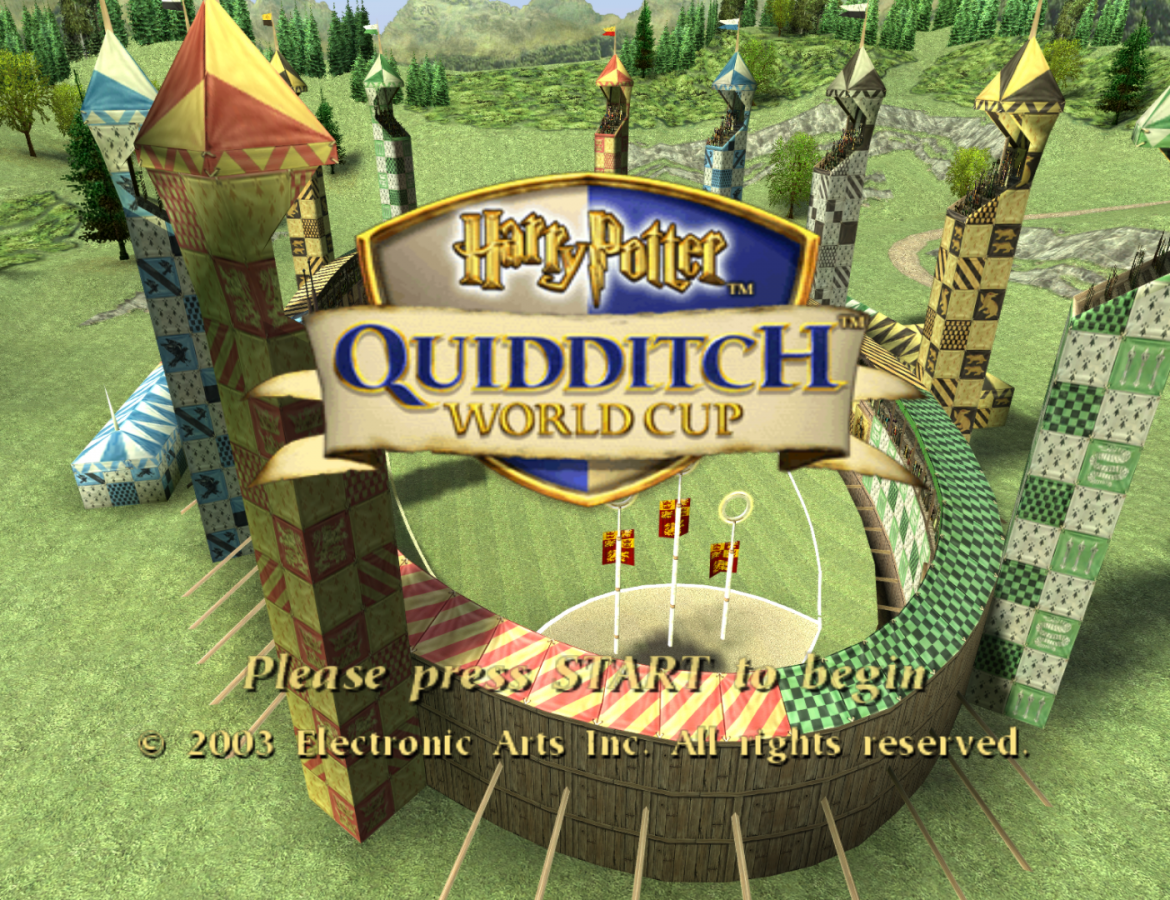 Title screen for Harry Potter Quidditch World Cup GameCube game featuring fast-paced magical sports gameplay set in the Wizarding World