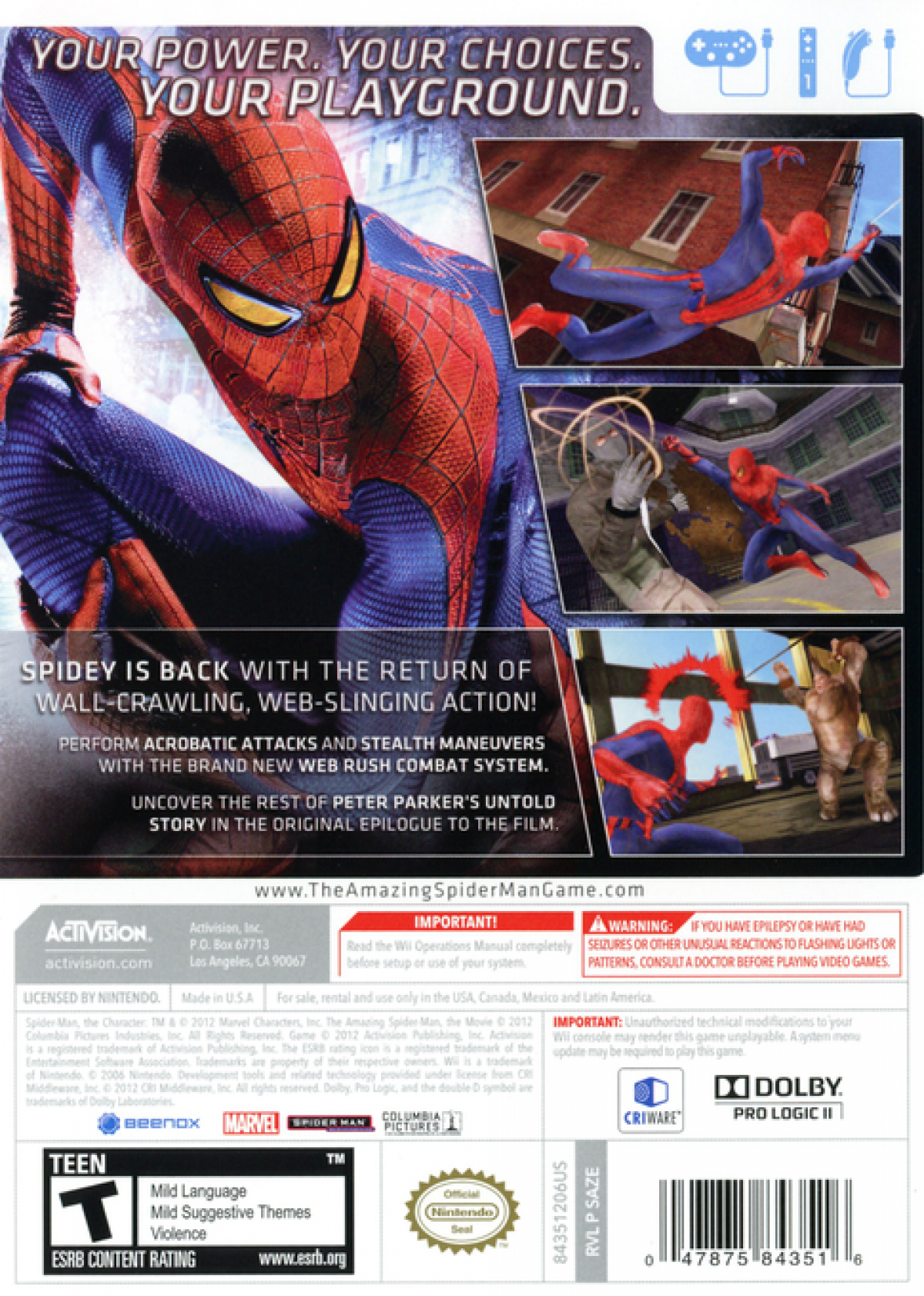 The Amazing Spider-Man Nintendo Wii for action adventure video game fans featuring Spider-Man web swinging combat superhero missions New York City exploration wall crawling acrobatic attacks villains puzzle solving and motion control gameplay collectible gaming appeal back cover art
