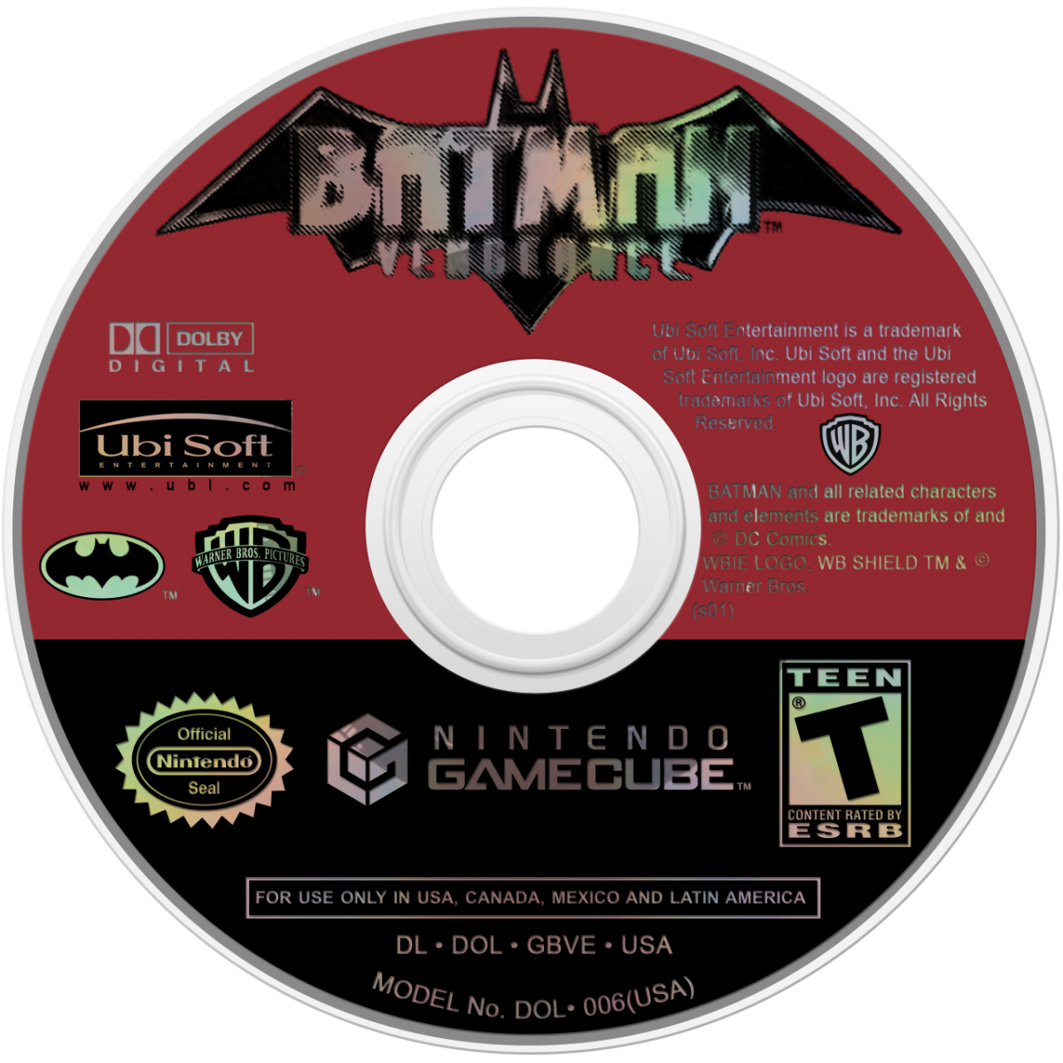 Batman Vengeance for GameCube featuring action adventure gameplay inspired by the animated series disc