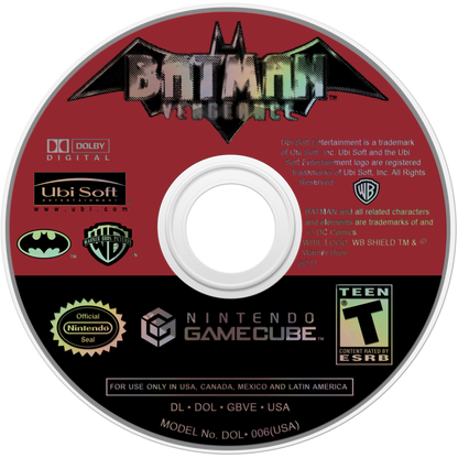 Batman Vengeance for GameCube featuring action adventure gameplay inspired by the animated series disc