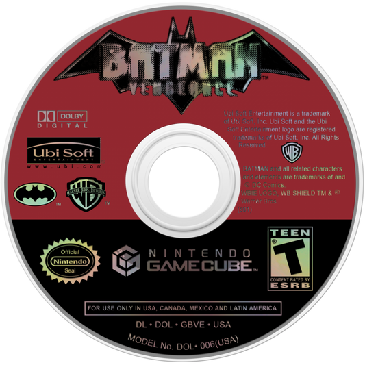 Batman Vengeance for GameCube featuring action adventure gameplay inspired by the animated series disc