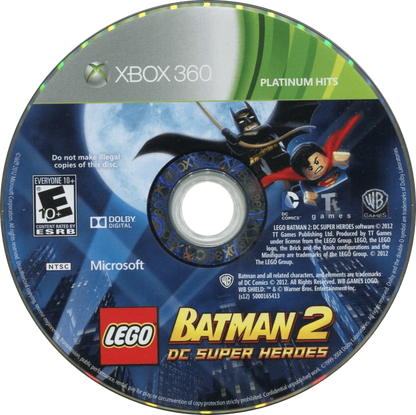 LEGO Batman 2 DC Super Heroes Platinum Hits Xbox 360 open-world action-adventure video game featuring Batman Robin Superman Wonder Woman and DC villains voice acting co-op Gotham City exploration and brick-building puzzle solving disc