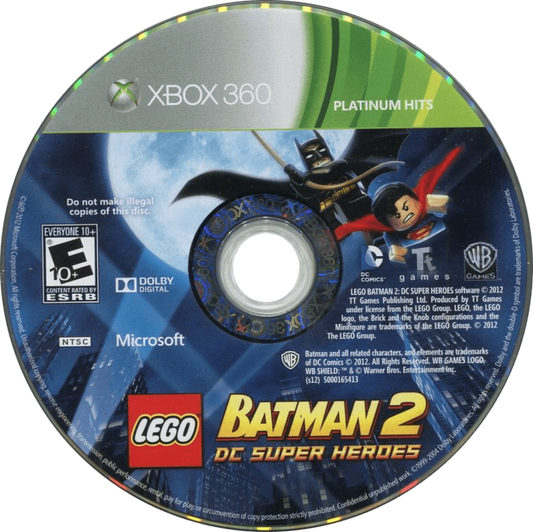 LEGO Batman 2 DC Super Heroes Platinum Hits Xbox 360 open-world action-adventure video game featuring Batman Robin Superman Wonder Woman and DC villains voice acting co-op Gotham City exploration and brick-building puzzle solving disc