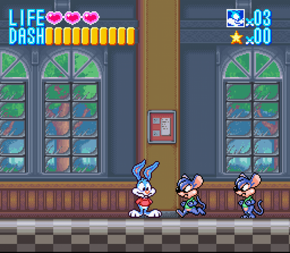 Tiny Toon Adventures Buster Busts Loose Super Nintendo Entertainment System SNES video game featuring action platforming gameplay Buster Bunny character cartoon adventure colorful environments enemy encounters obstacle courses jumping challenges and classic 16 bit Nintendo gameplay retro video game collection collectible gaming appeal gameplay