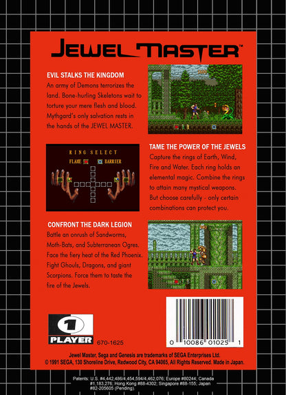 Jewel Master Sega Genesis GEN for retro video game enthusiasts featuring action platforming gameplay fantasy adventure magical ring powers elemental abilities challenging stages mythological enemies classic 16 bit action and collectible gaming appeal back cover