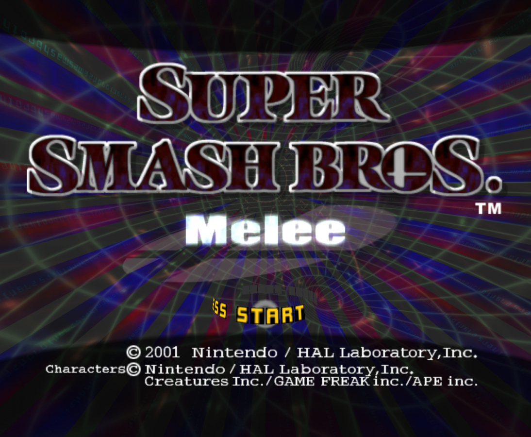 Super Smash Bros. Melee for Nintendo GameCube fighting party game featuring Mario Link Pikachu multiplayer versus mode competitive platform brawler gameplay start screen