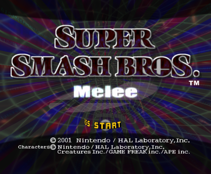 Super Smash Bros. Melee for Nintendo GameCube fighting party game featuring Mario Link Pikachu multiplayer versus mode competitive platform brawler gameplay start screen