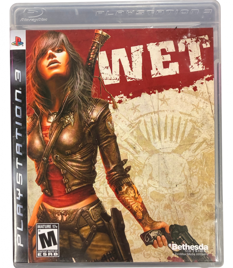 WET PlayStation 3 PS3 action video game featuring Ruby Malone acrobatic gunplay sword combat dual-wielded weapons slow-motion shooting stylish action sequences explosive set pieces intense enemies and fast-paced third-person combat collectible gaming appeal cover art