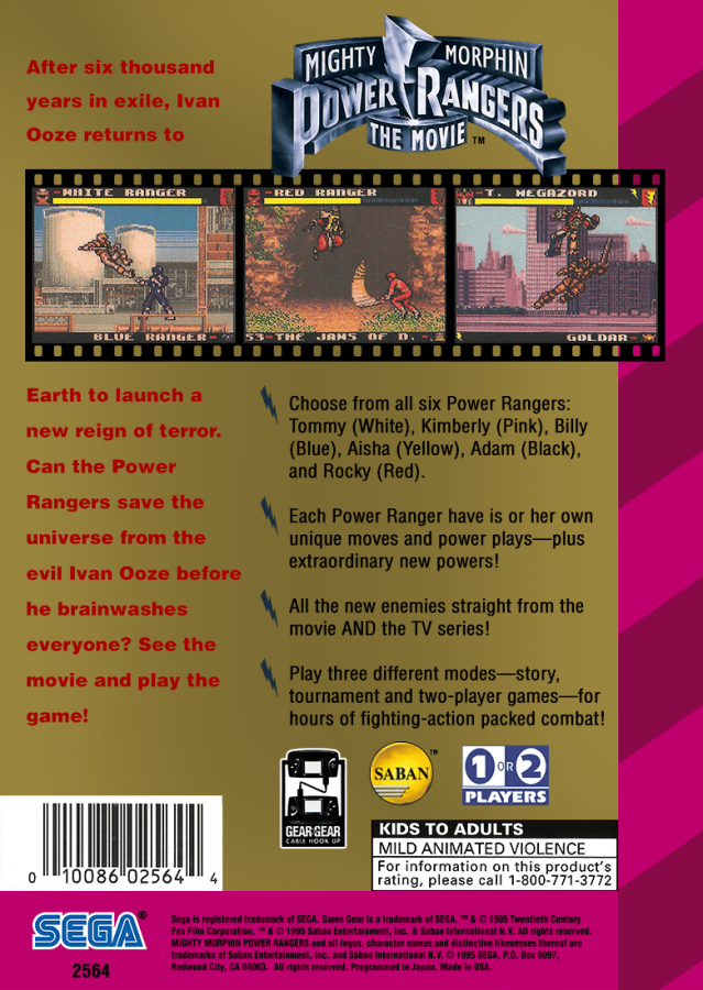 Mighty Morphin Power Rangers: The Movie – Sega Game Gear (GG) Back Cover  Art for this Sega Video Game 
