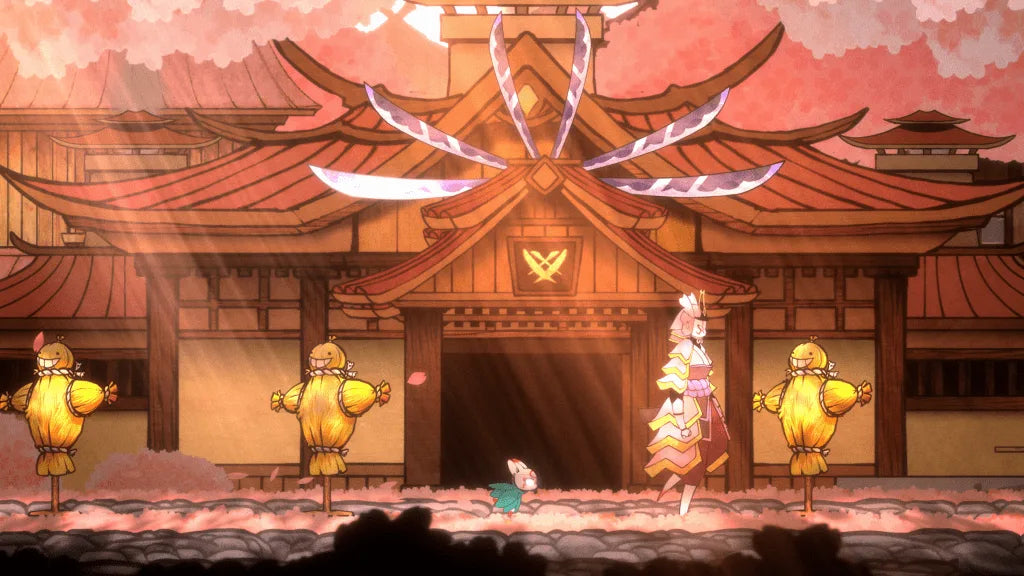 Bo Path of the Teal Lotus Nintendo Switch inspired design featuring hand drawn fantasy platform adventure aesthetic Japanese folklore inspiration graceful acrobatic combat mystical spirits beautiful watercolor environments metroidvania exploration gameplay presentation gameplay