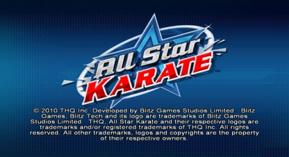 All Star Karate for Nintendo Wii, title screen for a martial arts sports video game with motion controls, karate training, family-friendly combat, and fitness-style gameplay