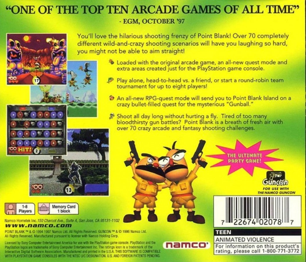 Point Blank PS1 PlayStation 1 light gun shooter arcade mini games target shooting fast reflex gameplay retro video game back cover art 