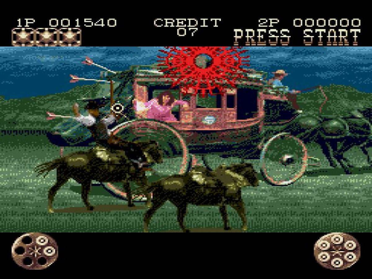 Lethal Enforcers II Gun Fighters Sega CD Sega CD light gun shooter western themed arcade shooting cowboy outlaws train robberies GunCon style aiming Konami FMV style presentation cooperative arcade gameplay retro gaming Sega CD software video game title gameplay