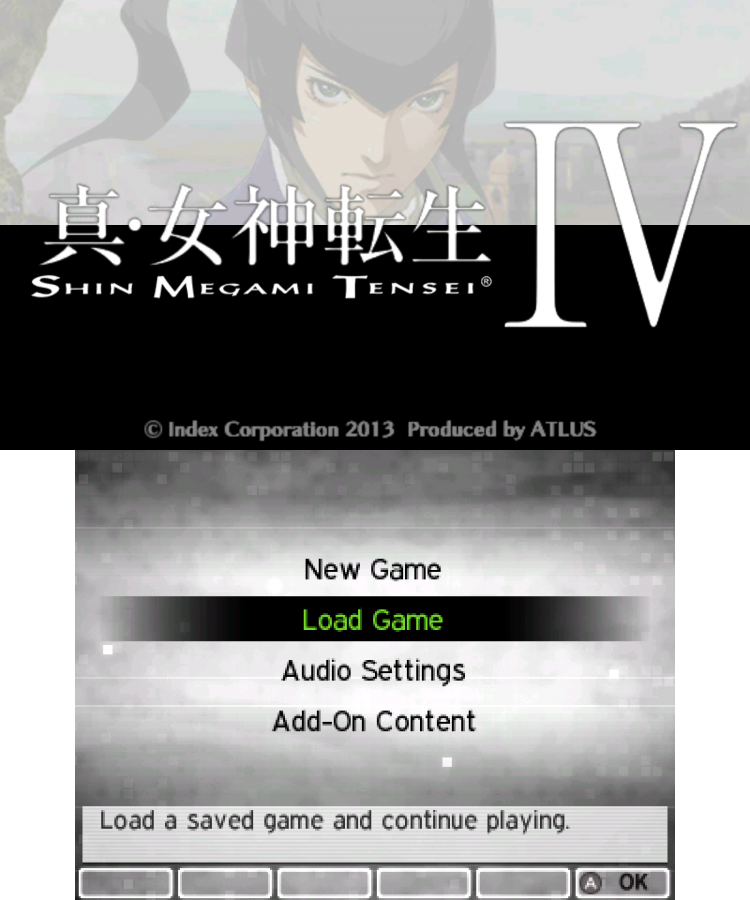 Shin Megami Tensei IV start screen for Nintendo 3DS (3DS) role-playing video game