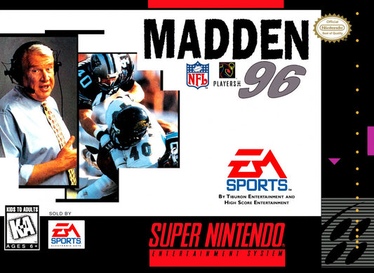 Madden NFL 96 for Super Nintendo Entertainment System with classic 16-bit football simulation theme front cover
