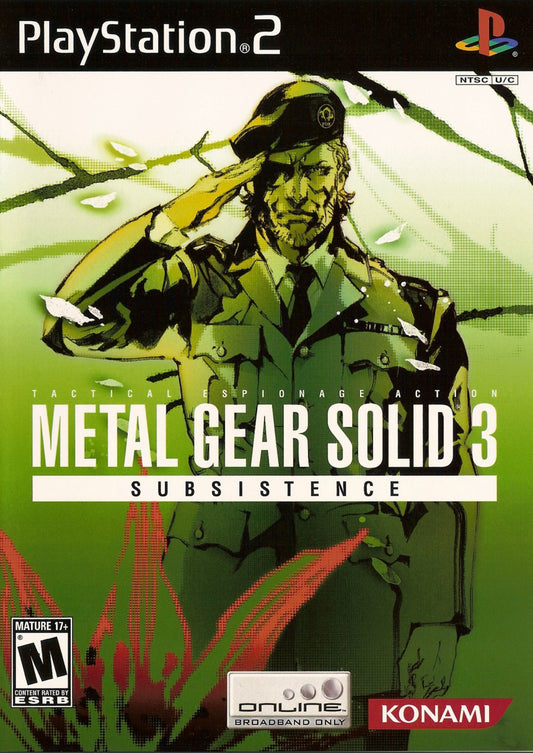 Metal Gear Solid 3 Subsistence PS2 Sony PlayStation 2 stealth action game tactical espionage gameplay Hideo Kojima Snake Eater enhanced edition online multiplayer bonus content improved camera jungle survival stealth missions cinematic story retro gaming PlayStation 2 software video game title cover art