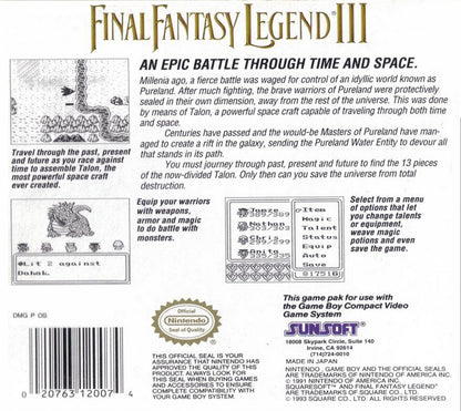 Final Fantasy Legend III Game Boy turn-based RPG SaGa series time travel story party system robot mutant human classes back cover art