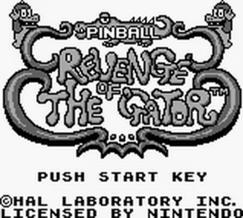 Revenge of the Gator for Game Boy, title screen for a pinball video game with arcade-style gameplay, multiple tables, score-based challenges, and classic handheld action