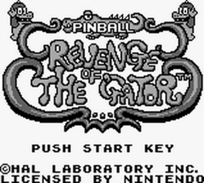 Revenge of the Gator for Game Boy, title screen for a pinball video game with arcade-style gameplay, multiple tables, score-based challenges, and classic handheld action