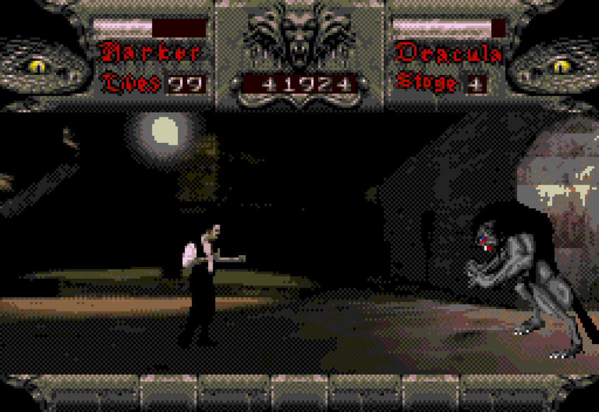 Bram Stokers Dracula Sega CD action platformer movie tie in based on film gothic horror vampire combat side scrolling gameplay castle exploration enemies boss battles cinematic FMV cutscenes retro gaming Sega CD software video game title gameplay