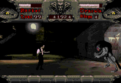 Bram Stokers Dracula Sega CD action platformer movie tie in based on film gothic horror vampire combat side scrolling gameplay castle exploration enemies boss battles cinematic FMV cutscenes retro gaming Sega CD software video game title gameplay
