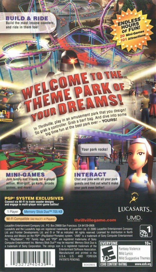 Thrillville PlayStation Portable PSP for retro video game enthusiasts featuring theme park simulation gameplay amusement park management roller coaster creation carnival mini games family friendly entertainment colorful environments and collectible gaming appeal back art