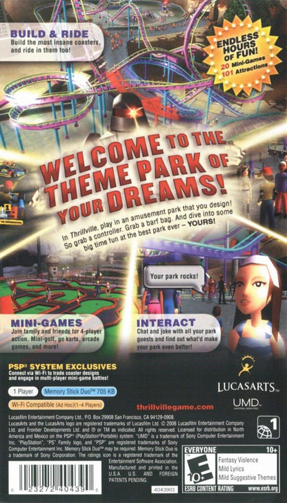 Thrillville PlayStation Portable PSP for retro video game enthusiasts featuring theme park simulation gameplay amusement park management roller coaster creation carnival mini games family friendly entertainment colorful environments and collectible gaming appeal back art