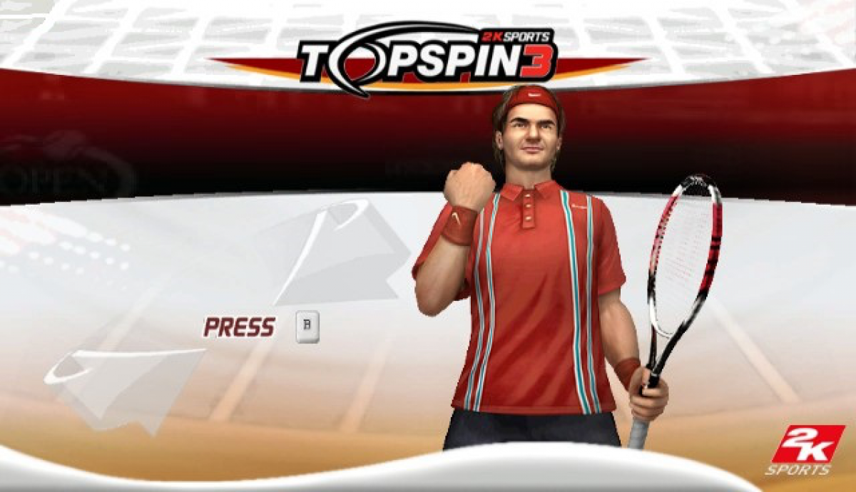 Top Spin 3 title screen for Nintendo Wii (Wii) featuring realistic tennis simulation with motion‑controlled swings, pro player roster, and career tournaments.