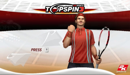 Top Spin 3 title screen for Nintendo Wii (Wii) featuring realistic tennis simulation with motion‑controlled swings, pro player roster, and career tournaments.
