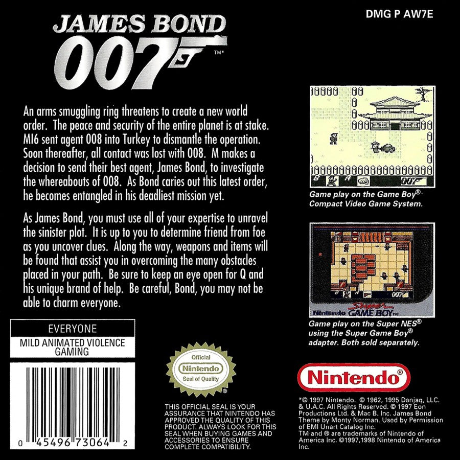 James Bond 007 Nintendo Game Boy GB for retro video game enthusiasts featuring action adventure gameplay espionage missions puzzle solving turn based inspired combat gadget based exploration classic handheld gaming and collectible gaming appeal back cover art