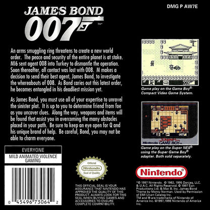 James Bond 007 Nintendo Game Boy GB for retro video game enthusiasts featuring action adventure gameplay espionage missions puzzle solving turn based inspired combat gadget based exploration classic handheld gaming and collectible gaming appeal back cover art