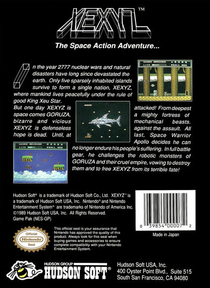 Xexyz retro NES video game Xexyz sci fi action platform shooter side scrolling arcade gameplay space combat classic console title Nintendo Entertainment System release back of case