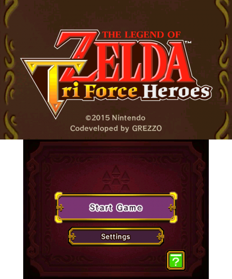 The Legend of Zelda: Tri Force Heroes start screen for Nintendo 3DS (3DS) action-adventure video game
