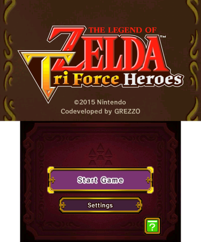 The Legend of Zelda: Tri Force Heroes start screen for Nintendo 3DS (3DS) action-adventure video game