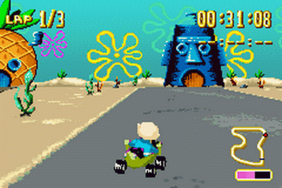 Nicktoons Racing for Game Boy Advance, gameplay for a retro video game featuring kart racing gameplay, Nickelodeon character-based competition, track challenges, power-ups, and arcade-style racing action