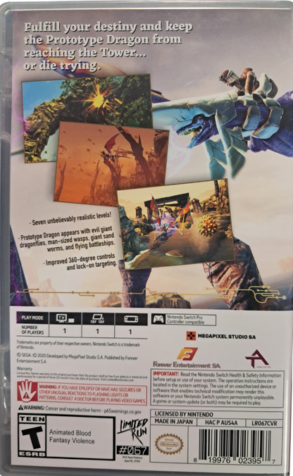Panzer Dragoon Limited Run #067 Nintendo Switch inspired design featuring on rails shooter action aesthetic dragon riding aerial combat sweeping fantasy landscapes classic Sega revival cinematic flight sequences fast paced arcade gameplay and atmospheric sci fi adventure presentation back cover