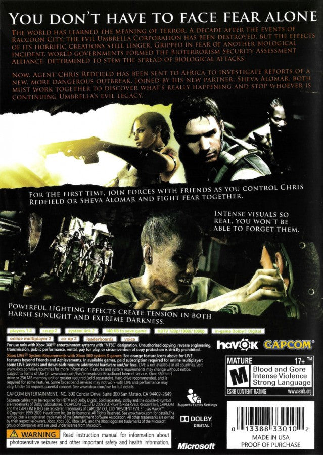 Resident Evil 5 back cover art for Xbox 360 (X360) video game  