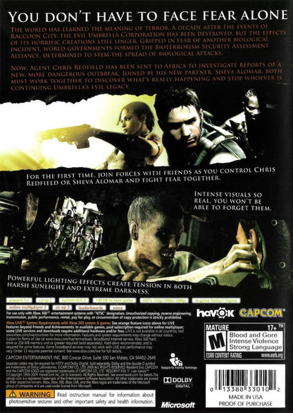 Resident Evil 5 back cover art for Xbox 360 (X360) video game  