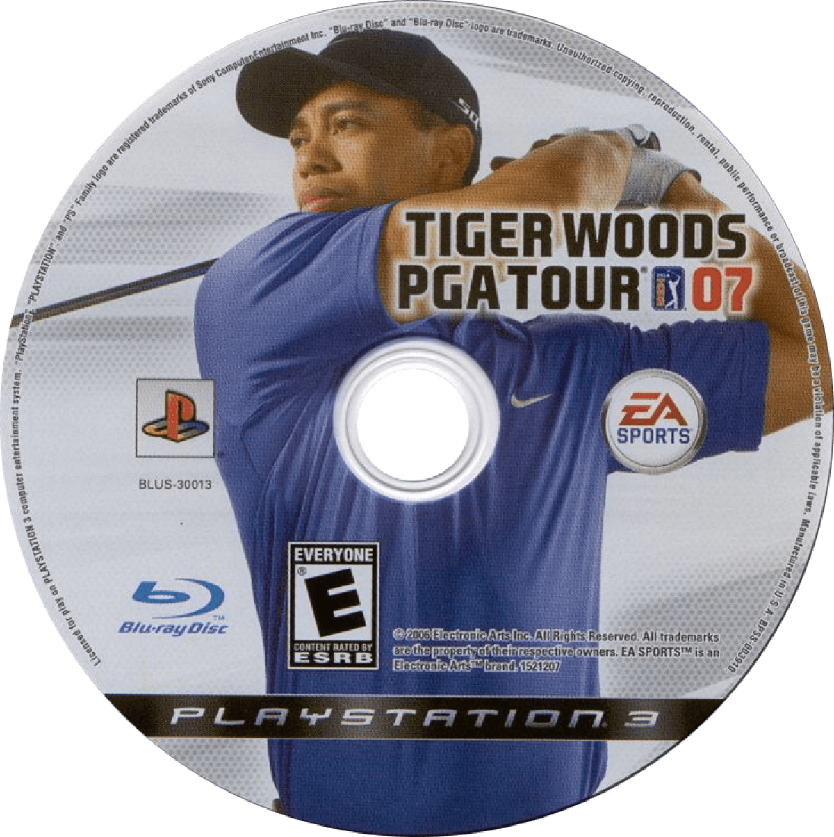 Tiger Woods PGA Tour 07 PlayStation 3 golf simulation video game UCAP lifelike player models Sixaxis motion control for ball spin expanded career mode 12 championship courses 15 PGA and LPGA pros including Annika Sorenstam next-gen graphics online tournaments Battle Golf and One-Ball multiplayer modes disc