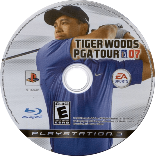 Tiger Woods PGA Tour 07 PlayStation 3 golf simulation video game UCAP lifelike player models Sixaxis motion control for ball spin expanded career mode 12 championship courses 15 PGA and LPGA pros including Annika Sorenstam next-gen graphics online tournaments Battle Golf and One-Ball multiplayer modes disc