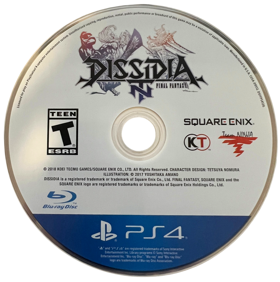 Dissidia Final Fantasy NT Steelbook Edition for PlayStation 4, disc for a fighting action video game with team-based battles, Final Fantasy characters, arena combat, and competitive multiplayer gameplay
