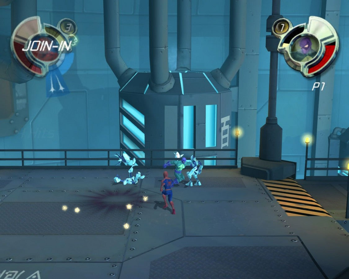 Retro Spider Man Friend or Foe Wii inspired design featuring comic book action adventure gameplay aesthetic superhero team battles colorful stylized villains cooperative beat em up combat Marvel universe nostalgia Nintendo Wii presentation gameplay 