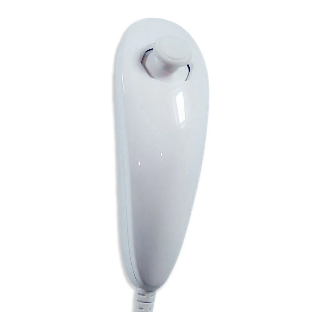 Top view of white Nintendo Wii Nunchuk showing joystick and buttons