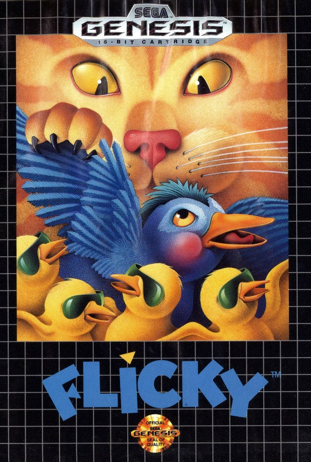 Flicky Sega Genesis GEN for retro video game enthusiasts featuring classic arcade action gameplay colorful platforming stages fast paced enemy avoidance charming bird character family friendly challenges and collectible gaming appeal front cover